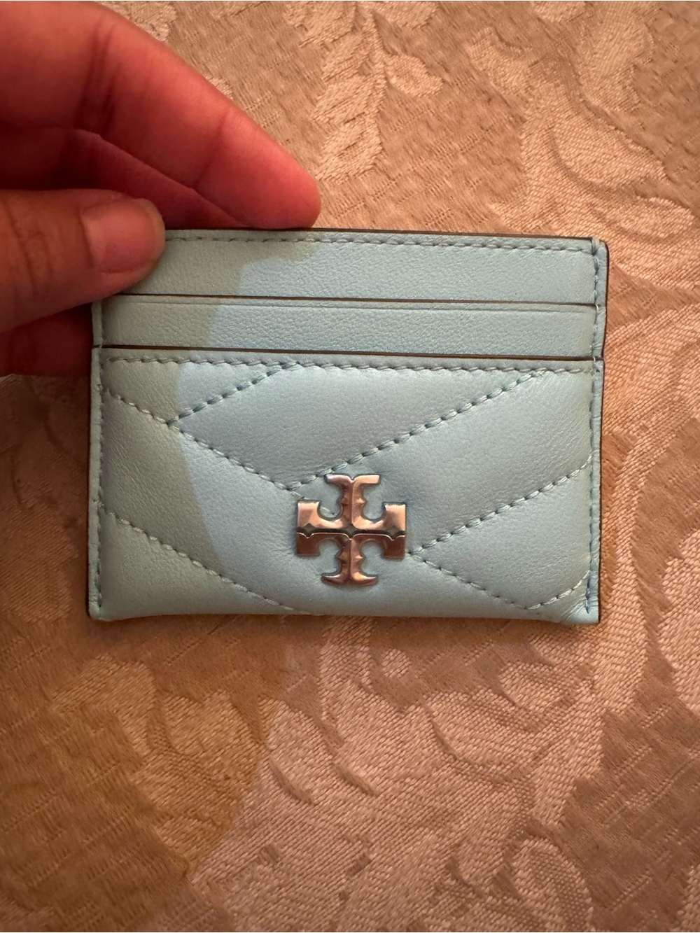 Tory Burch Quilted Card Case in Light Blue with Silver Logo